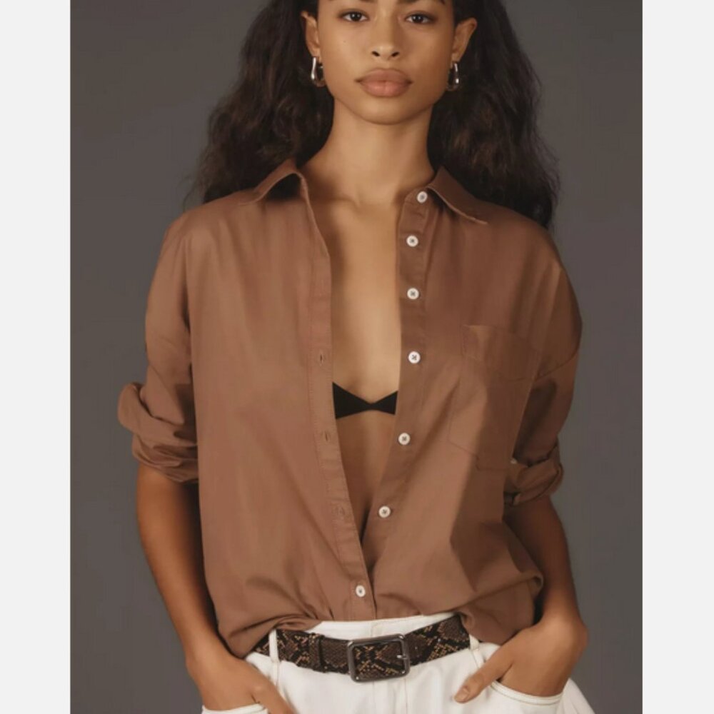 Anthropologie Maeve The Bennet Buttondown Shirt Top Brown Size M NWT Oversize